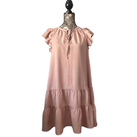 Knox Rose Women's M Light Pink Dusty Rose Short Sleeve Mini Ruffled Tunic Dress - Picture 1 of 13